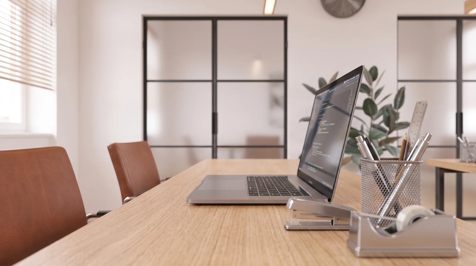 A desk in the same room, laptop and screen close in